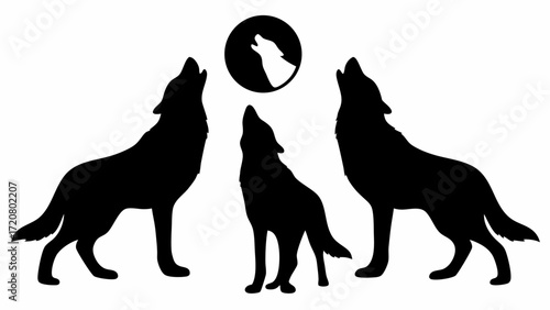 Striking wolf pack silhouette howling at the moon, evoking wilderness and wild nature