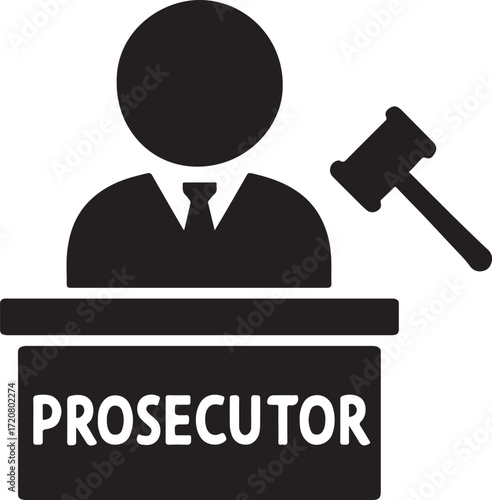 Silhouette prosecutor icon symbolizing legal authority, justice system, court trial and law profession.