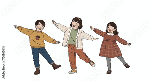 Children playing together in casual outfits, jumping and having fun in a lively scene