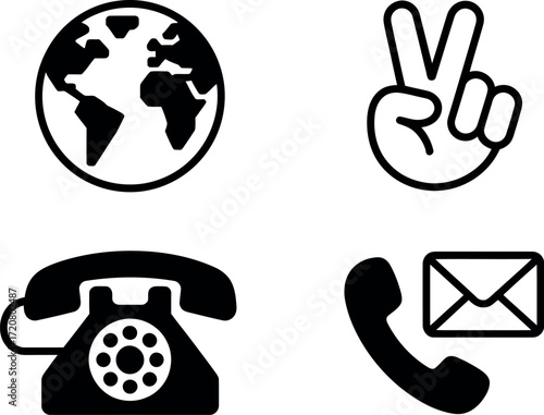 Minimalist set of four black icons globe retro phone peace sign envelope and handset vector