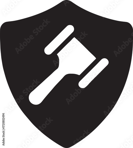 Silhouette law icon with shield representing legal protection, justice, authority, court and safety.
