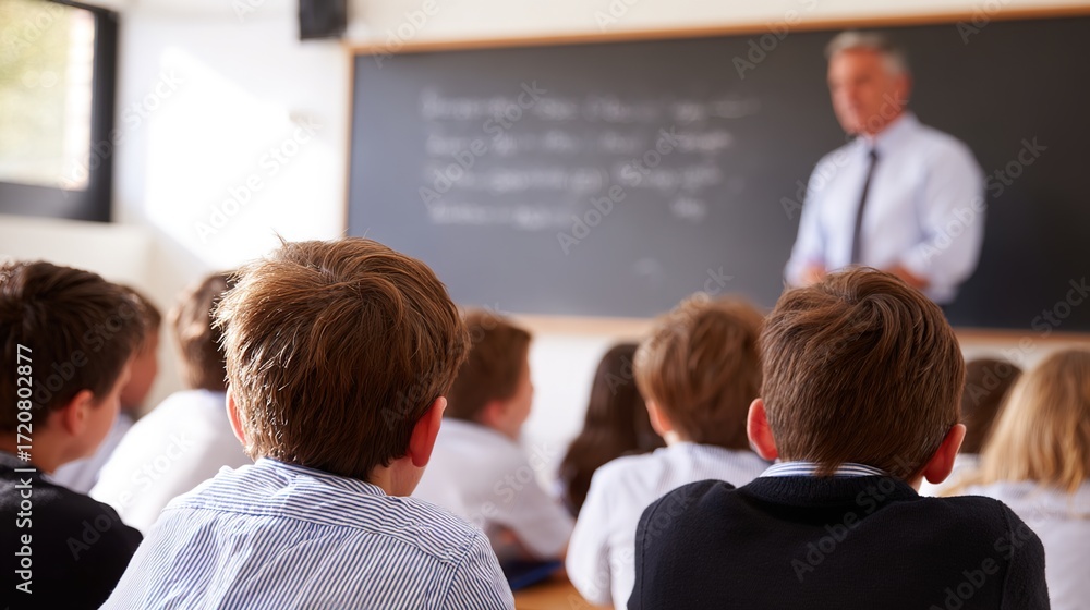 Fototapeta premium Teacher in Classroom Explaining Lesson to Students from Behind View