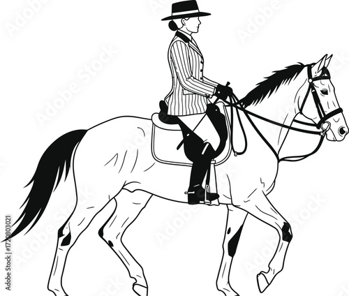 Elegant woman in formal attire rides a horse with grace and poise.