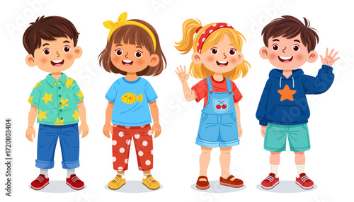 Colorful cartoon vector illustration of four cheerful children standing side by side, smiling happily