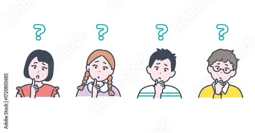小学生くらいの子どもたちが考えている様子のイラスト素材