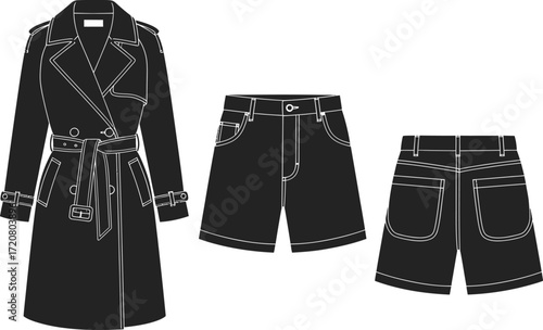 Sleek black trench coat and denim shorts ensemble for a chic, modern look