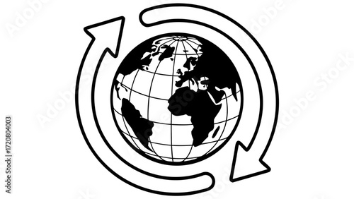 Illustration of a globe with continents and meridians encircled by two arrows in a circular motion created with generated ai 
