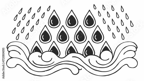 Illustration of rain falling into stylized waves with multiple water droplets design element created with generated ai 