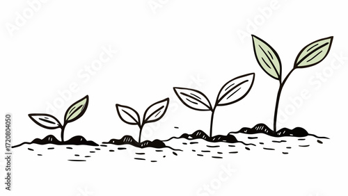 Illustration showing four seedlings in different stages of growth in soil on a white background art created with generated ai 