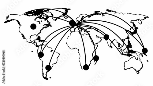 World map showing connections from a central point in europe to various locations around the globe created with generated ai 