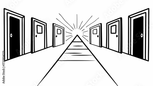 Hallway perspective with multiple doors leading to a light source at the end of the corridor view created with generated ai 