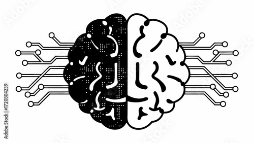 Illustration of a brain connected to circuits half black and half white on a white background created with generated ai 