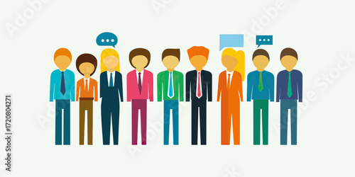 Diverse group business people standing in row wearing suits ties colorful minimalist flat vector illustration communication icons speech bubbles above heads