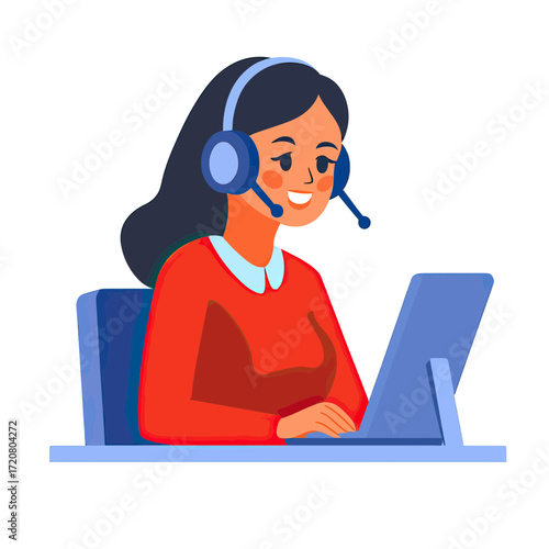 Female call center agent with headset smiling working on desktop computer customer support representative in red shirt flat vector illustration