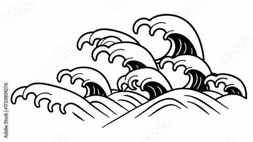 Illustration of stylized ocean waves with curling crests and bold black outlines on a white background created with generated ai 