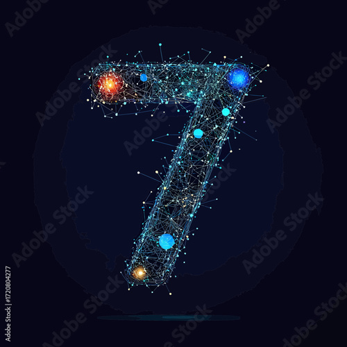 Number seven composed of interconnected glowing nodes and lines with blue and orange stars and planets forming a futuristic digital network on black background vector illustration