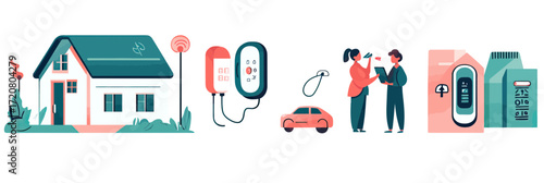 Sustainable home with solar panel electric car charging station smart energy meter two people discussing payment digital wallet flat vector illustration