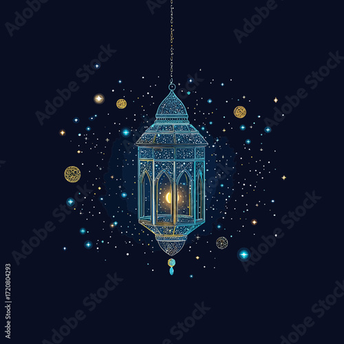 Ramadan lantern with intricate Islamic geometric patterns glowing with warm light surrounded by stars and celestial elements on dark background vector illustration