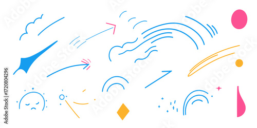 Hand drawn vector set of colorful motion lines, sparkles, arrows, emphasis and anime style emotion effect doodle elements for expressive graphic design and decoration