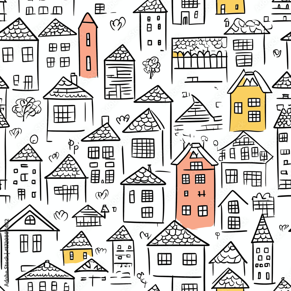 Fototapeta premium Seamless hand drawn doodle pattern with various simple houses and buildings in black lines with pastel yellow and pink accents for textured background and print design