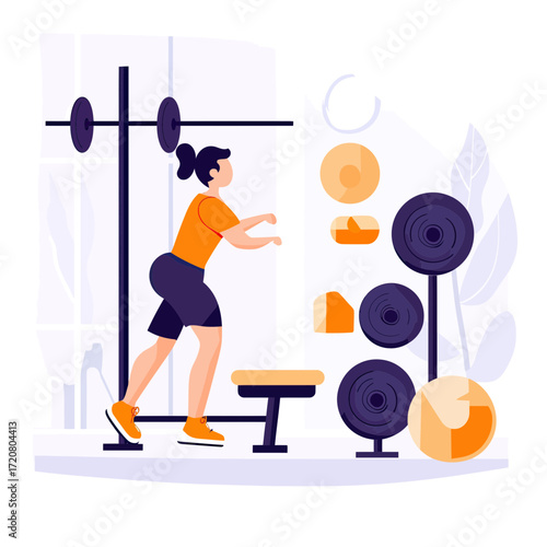 Woman exercising in gym with weights and fitness equipment in flat minimalist vector style indoor workout training concept for health and strength development