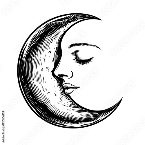 Black and white crescent moon with peaceful female face profile engraving style line art illustration for mystical and celestial designs