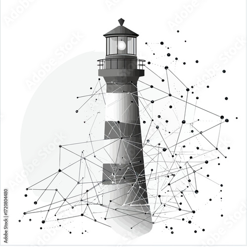 Monochrome vector lighthouse with interconnected dots and polygonal lines abstract network design on white background modern technology concept illustration
