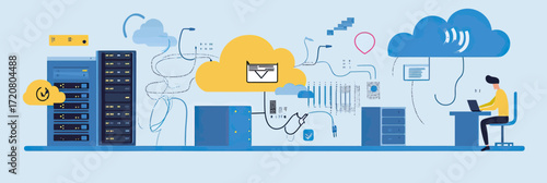Cloud computing network connection with data servers, cloud storage icons, developer working on laptop in flat minimalist vector style technology concept illustration