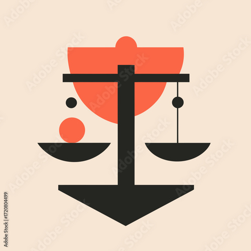 Minimalist abstract vector illustration of balance scale with geometric shapes symbolizing fairness equilibrium and harmony in modern flat design style