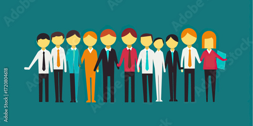 Diverse group business people standing together teamwork collaboration flat minimalist vector illustration with formal attire and professional appearance
