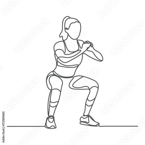 Single continuous line drawing of young happy woman exercising doing squat movement in sport center gym club. Sport training fitness concept.