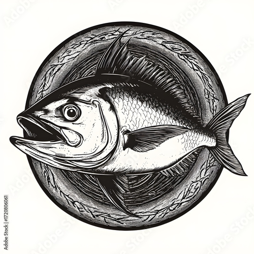 Wallpaper Mural Classic tuna fish engraving in decorative circle, hand drawn black and white detailed etching design perfect for seafood branding, fishing artwork and marine inspired logos Torontodigital.ca