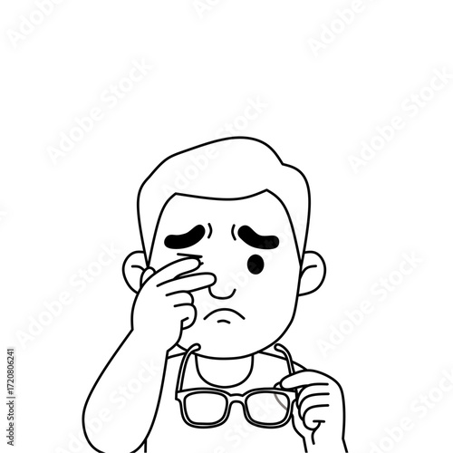 Black and white line art of a man rubbing his eye while holding glasses, symbol of tired eyes, eye irritation, or allergy. Simple outline drawing illustration
