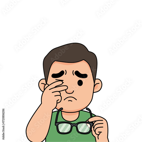 illustration of a man rubbing his eye while holding glasses, concept of eye irritation, tired eyes, vision problem, or allergy. Isolated on white background