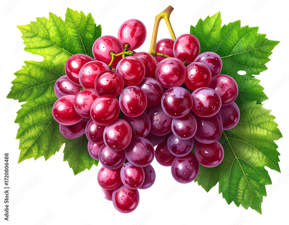 Fototapeta premium Ruby Cluster Delight: A tantalizing close-up of a vibrant bunch of ruby-red grapes, adorned with verdant leaves, evokes feelings of freshness and deliciousness, promising a taste of summer.