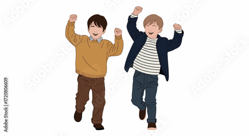 Two young boys jumping with joy in a celebratory pose against a plain white background