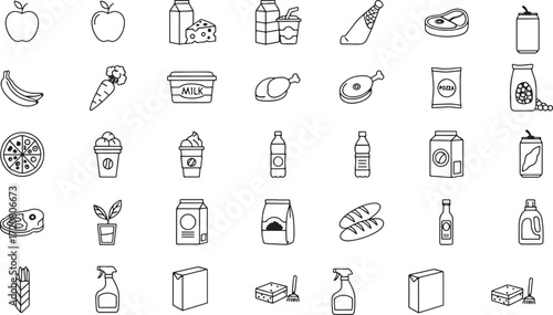 Illustration of collection of hand drawn grocery and food icons isolated on white background