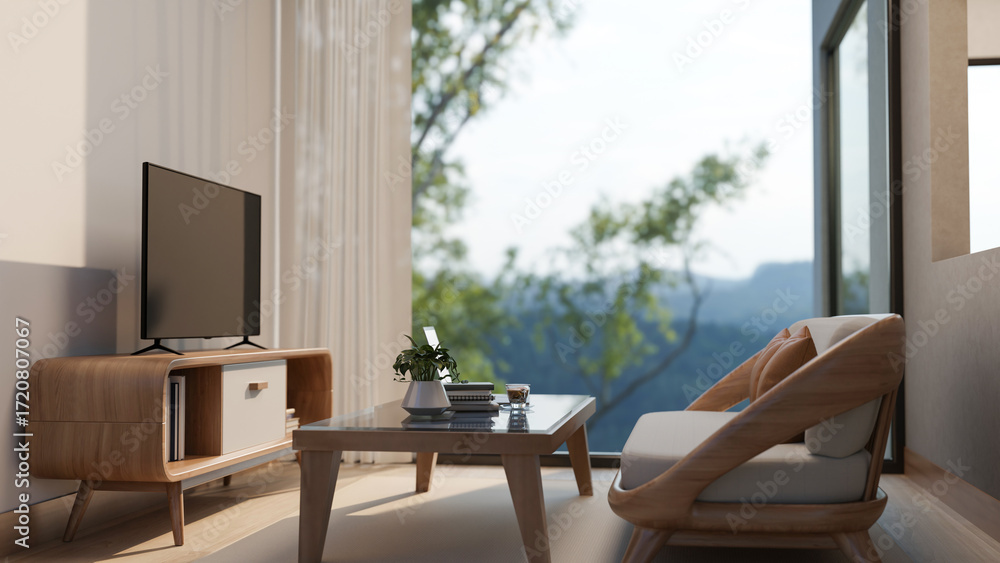 Fototapeta premium Television and sofa with glass top wooden table in living room with window wall and mountain scenery