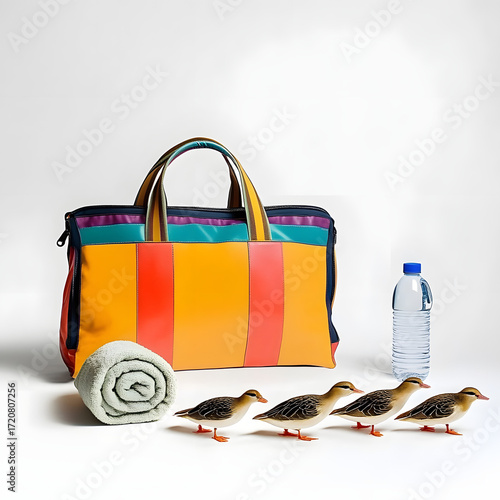 Wallpaper Mural Stylish travel bag with colorful duck print design, modern fashion accessory with yellow and turquoise handles, placed with water bottles and towel for lifestyle use Torontodigital.ca
