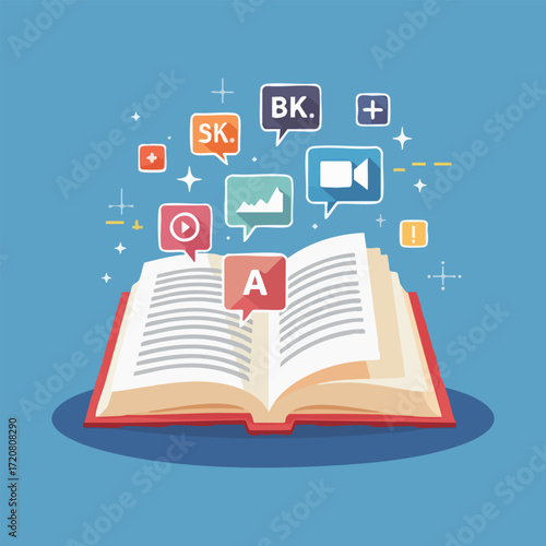 International Translation Day vector illustration featuring global language network, translation devices, language scripts, and digital communication symbols in solid colors.