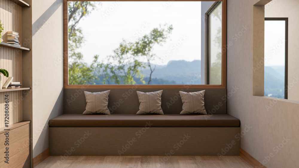 Fototapeta premium Leather long bench with cushion pillows under wide glass window aside bookshelf in wooden floor room