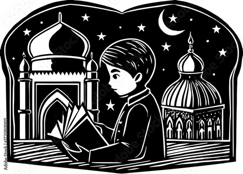 Boy in Mosque with Quran Silhouette, Islamic Worship Religion SVG, PNG