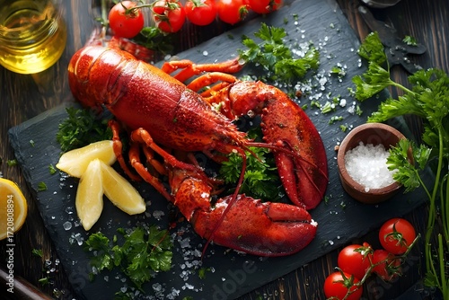 A cooked lobster on a black cutting board with parsley, lemon slices, and cherry tomatoes.
