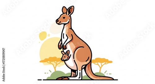 Cartoon kangaroo with joey in pouch vector illustration australian wildlife animal marsupial kangaroo drawing art