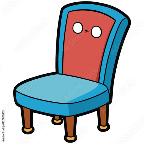 Cartoon chair with red back and blue seat and a sad face Keywords: chair, cartoon, furniture, cute, sad