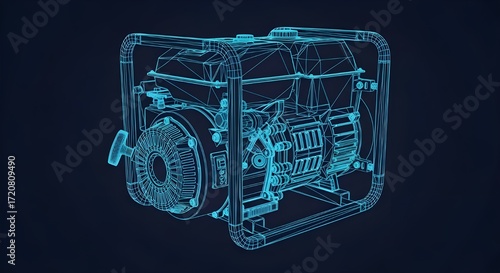 Generator engine Blue wireframe portable generator with pull start on dark background blueprint 3D