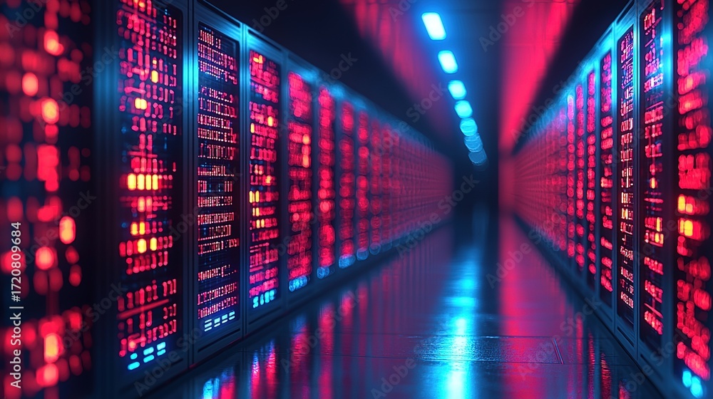 Obraz premium Red Blue Light Data Center Corridor: Futuristic Server Array