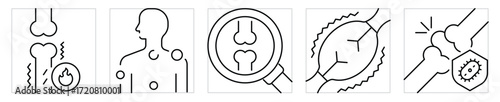 Joint pain icons set. Symbols related to bones and joint. Vector editable stroke.