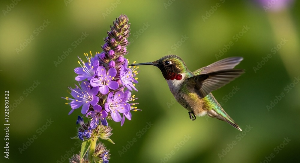 Fototapeta premium Hummingbird hovering near purple flowers pollinating in natural habitat