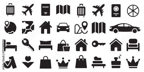 Solid black silhouette icon set of lifestyle and miscellaneous elements, including airplane, suitcase, taxi, car and more, bold flat vector shapes, clean modern style, professional design